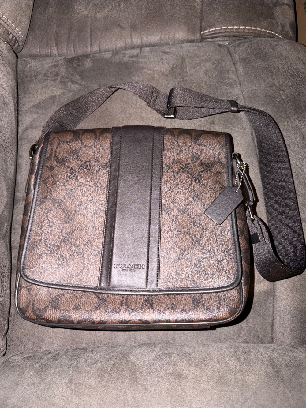 Coach Brown Signature Canvas Messenger Bag with Dark Trim